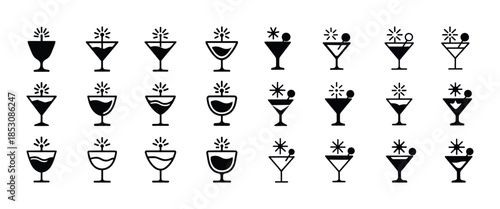 Collection of cocktail glass icons with decorative elements
