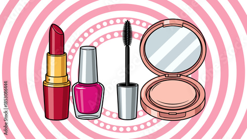 Beauty essentials vibrant lipstick, nail polish, mascara, and compact powder for a glamorous look on a pink background