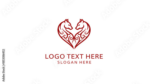 Symmetrical Twin Wolf Heart Emblem Logo