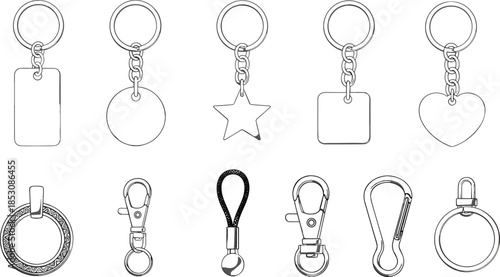 Vector Outline Set of Various Keychain Shapes, Key Rings, Carabiners, and Key Fobs, Including Heart, Star, Square, and Rectangle Blanks for Custom Design, Black Line Art.