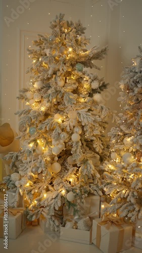 Elegant white Christmas tree with warm lights and ornaments creating cozy festive interior holiday atmosphere