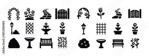 Garden icon set featuring arches, benches, fountains, and plants