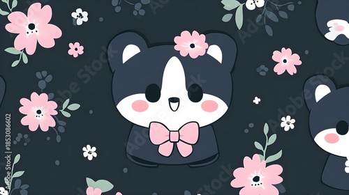 Cute cartoon panda pattern design digital art floral background whimsical style