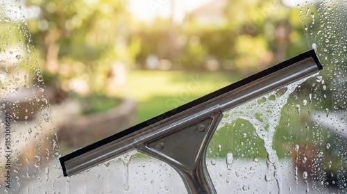 Close up of squeegee removing water from perfectly clear glass window