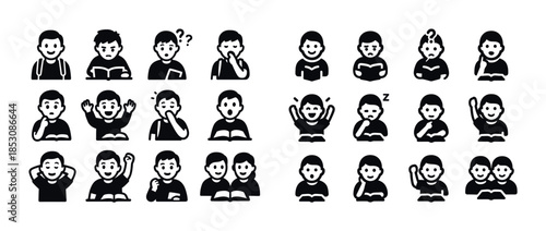 Set of diverse emojis depicting children and teens reading and e