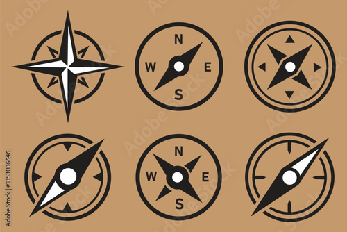 
Set of diverse compass rose and navigational symbols vector illustrations. Black and white line art icons for direction, travel, exploration, and maritime design.