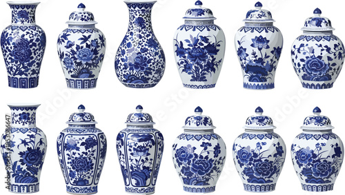 Vintage Chinese blue and white porcelain vases and jars set with floral patterns, traditional oriental ceramic pottery collection, antique asian decorative home