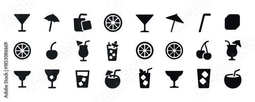 Set of drink icons: cocktails, garnishes, glasses, tropical, ref