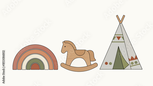 Adorable vector illustration of baby nursery decor a wooden rocking horse, rustic stacking rainbow toy, and a charming patterned play teepee tent