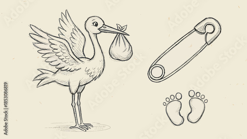 Newborn stork delivering a baby bundle with footprints and a safety pin, conceptual baby shower and birth illustration