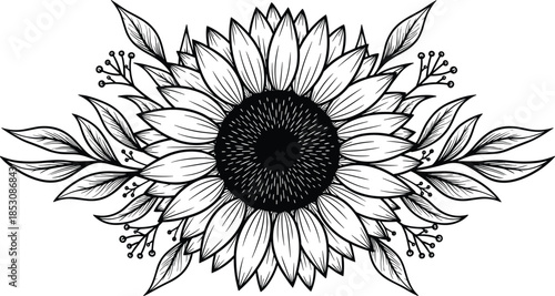 Vintage Hand-Drawn Sunflower with Leaves and Berries Vector Illustration; Botanical, Floral, Nature, Summer, and Harvest Graphic Design Element; Black and White Sketch.