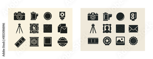 Black silhouette camera icons set with photography equipment and