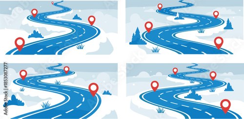 Winding road map illustration, route navigation concept with location pins on curved highway, travel direction planning infographic vector landscape design artwork background