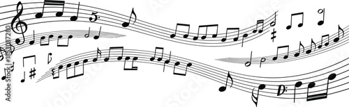 Waving black musical notes and staves vector graphic design elements, illustrating melody, sound, sheet music, concert, music education, and artistic creative concepts
