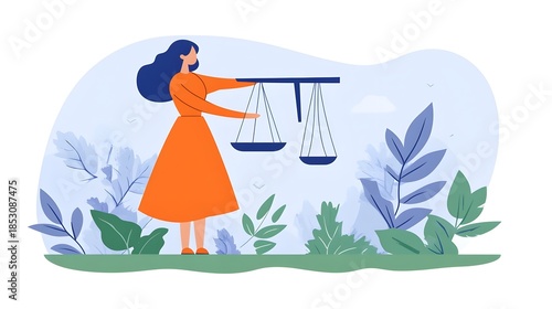 Balancing justice a female figure holding scales in nature digital illustration