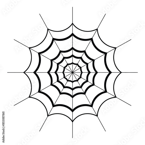 Intricate black and white spider web design featuring strong radial lines and clearly defined spiral sections