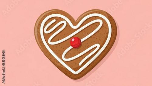 Heart shaped gingerbread cookie with white icing and red candy on pink background for valentine's day or christmas dessert
