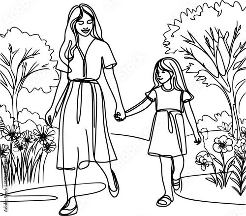 A loving mother and daughter walking together in an autumn park illustration