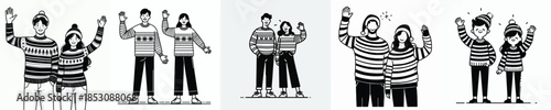vector line art of a couple standing waving hands
