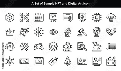 NFT and Digital Art Icons in Outline Style Keywords: nft, digital art, icon, set, blockchain