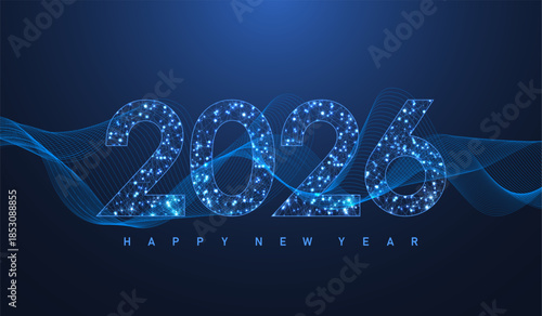 Christmas poster template 2026 in the style of new digits electronic technology. Tech digital banner or header 2026 New year and Merry Christmas card