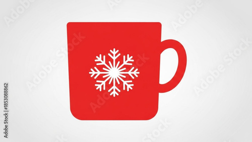 Red mug with white snowflake design on gray background, winter holiday theme, hot beverage cup with handle