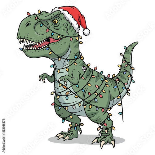 Tyrannosaurus rex dinosaur wrapped in colorful string lights wearing traditional winter hat