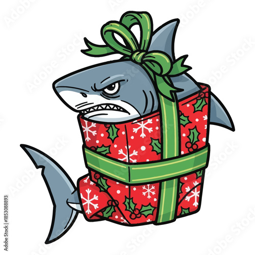 Grumpy great white shark wrapped tightly in red and green seasonal holiday wrapping paper present