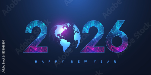 Christmas poster template 2026 in the style of new digits electronic technology circuit board texture. Tech digital banner or header 2026 New year, Merry Christmas card
