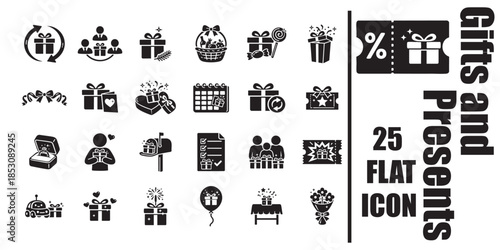 Gifts and holiday presents black flat icon set of coupons bonuses and surprise packages 