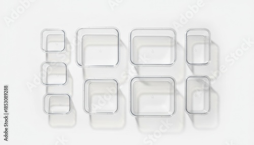 Eight Clear Square and Rectangular Glass Containers Arranged In A Grid On A White Surface With Soft Shadows