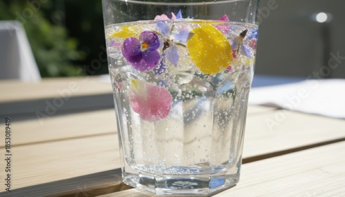 Clear Glass Filled With Sparkling Water And Colorful Edible Flowers And Petals On A Wooden Table Outdoors In Sunlight