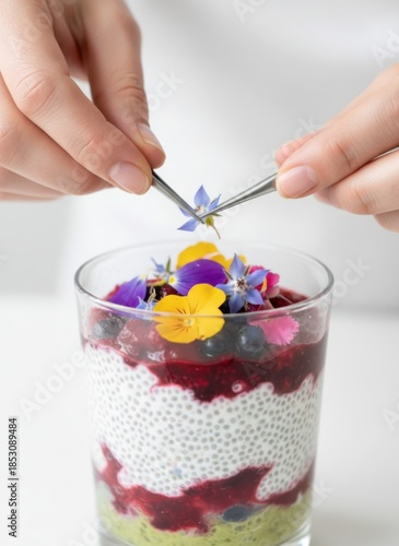 Chef Decorates Chia Seed Pudding With Fresh Edible Flowers And Berries In A Glass Cup With White Background Lighting