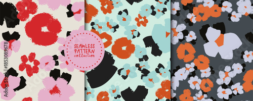 Seamless abstract floral pattern set. Modern hand painted flowers with textured brush effect. Trendy color palette. Perfect for textile, wallpaper, fabric, packaging and surface design