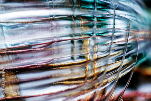 Wallpaper Mural Ribbed Translucent Glass in Motion, an Abstract Macro View of Horizontal Bands, Curved Distortions, and Layered Reflections in White, Teal, Gold, and Red Light Patterns and Flow Forms Study Torontodigital.ca