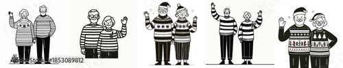 vector line art of a old couple standing waving hands