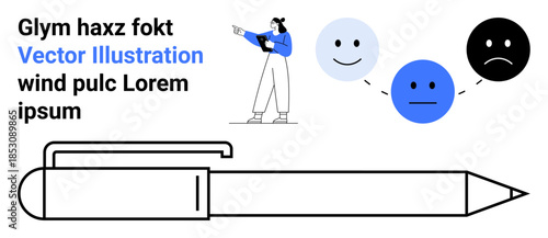 Character pointing to abstract emotion faces transitioning from happy to sad, accompanied by a pen schematic. Ideal for education, brainstorming, mood analysis, creativity, presentations