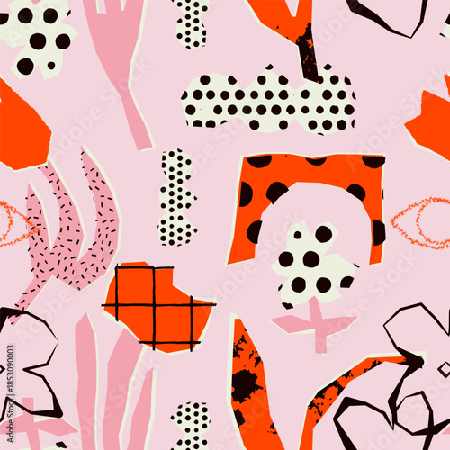 Playful seamless pattern with abstract hand-drawn hearts, floral shapes, geometric cutouts and doodle textures in pastel pink, red and white tones. Modern artistic naive-style background 
