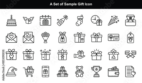 Gift and celebration icons set present birthday