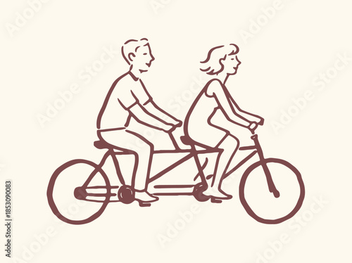 Tandem Bicycle Couple Doodle Outline Vector Illustration