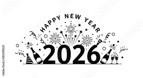 Festive new year celebration with champagne confetti and fireworks a bold silhouette