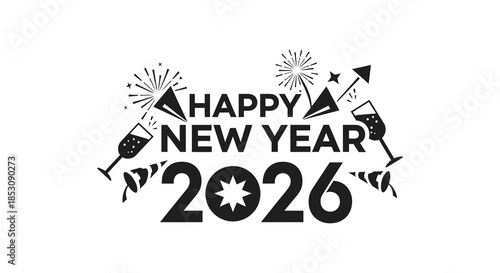 Festive new year celebration design with champagne glasses fireworks and bold text silhouette