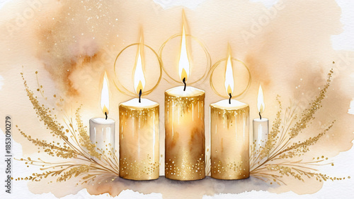 Whispers of light - five golden flames dancing in a shimmering embrace of winter warmth and starlit dust