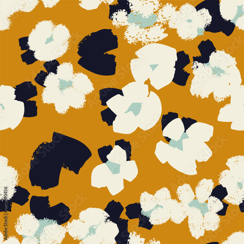 Seamless abstract floral pattern with textured painterly shapes, modern color palette, trendy design. Vector mustard 