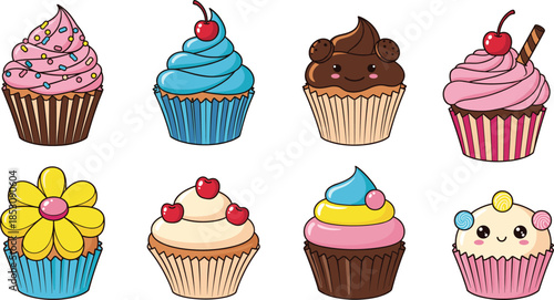 Cartoon cupcakes with colorful frosting, expressive toppings, cute character vector for kids, sweets theme, fun dessert, food, and decoration design