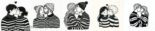 vector line art couple kissing passionately
