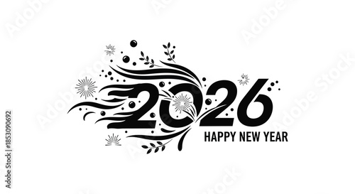 Festive new year design with swirling flourishes and the year 2026 a striking silhouette