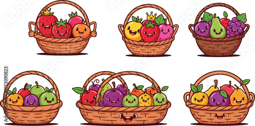 Cartoon fruit baskets with expressive faces, colorful fruits, cute characters, playful vector illustration for kids, fun, education, and decor themes