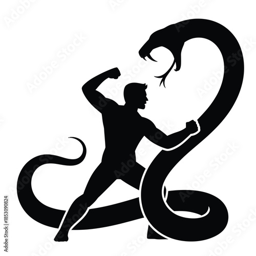 Silhouette of muscular man bravely fighting gigantic coiled snake with raised fist ready to strike against threat background
