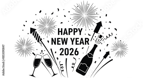 Celebratory new year design with fireworks champagne and glasses in a striking silhouette